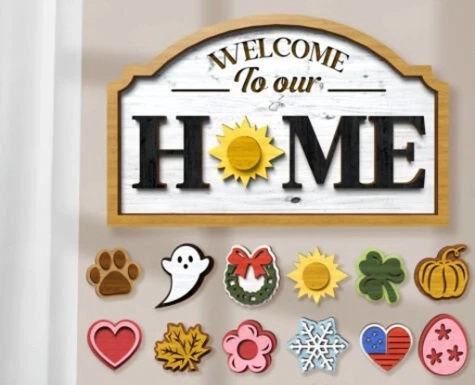 Personalized Interchangeable Wooden Home Sign - Custom 3D Seasonal Welcome Decor