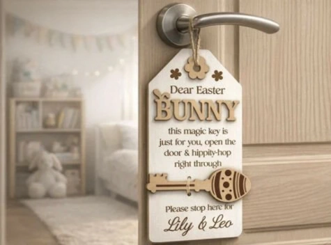 Personalized Easter Bunny Magic Key Door Hanger - Custom Wooden Holiday Tradition Decor