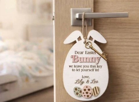 Personalized Easter Bunny Magic Key Door Hanger - Custom Wooden Holiday Tradition Decor