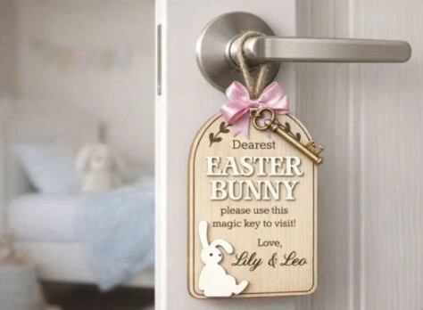 Personalized Easter Bunny Magic Key Door Hanger - Custom Wooden Holiday Tradition Decor
