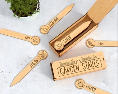 Personalized Wooden Garden Stakes & Storage Box Set - Custom Engraved Plant Markers