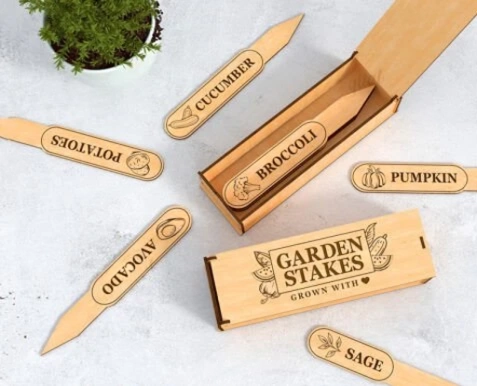 Personalized Wooden Garden Stakes & Storage Box Set - Custom Engraved Plant Markers