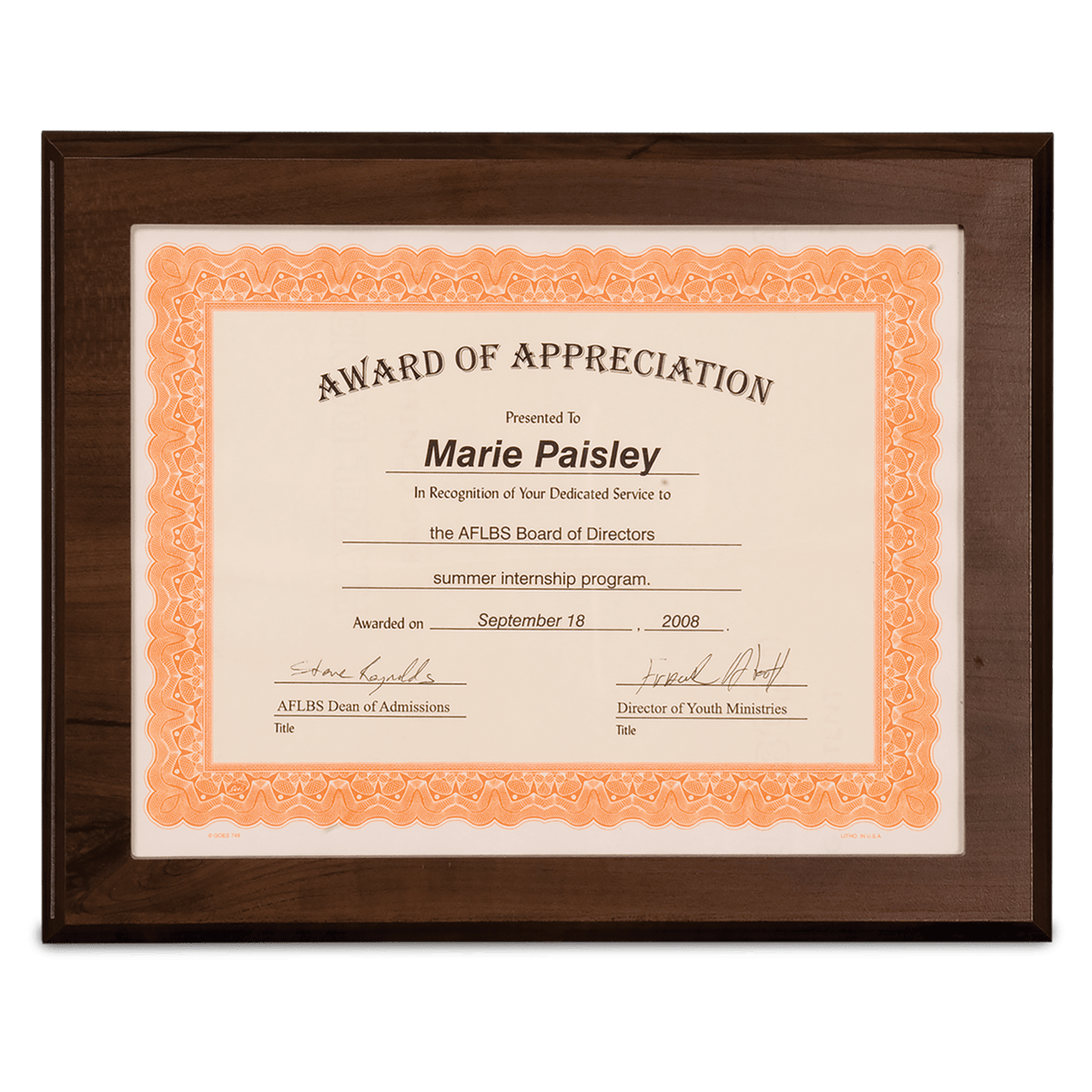 13" x 10 1/2" Cherry Finish Slide-In Frame Plaque with 11" x 8 1/2" Window