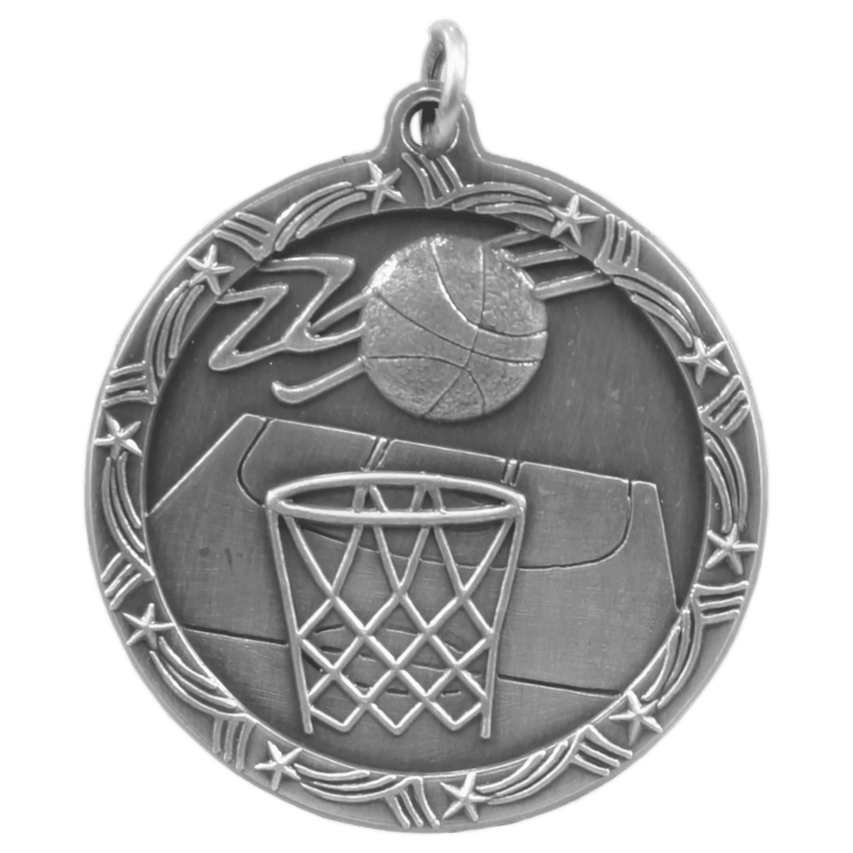 Antique Silver 1 3/4" Basketball Shooting Star Medal