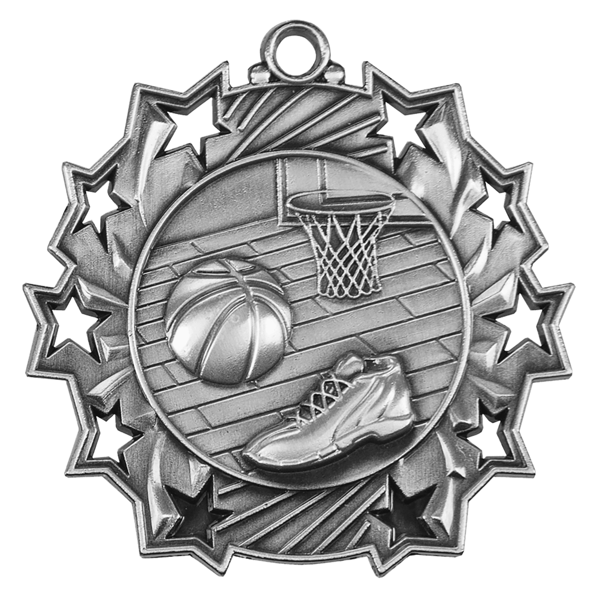 Antique Silver 2 1/4" Basketball Ten Star Medal