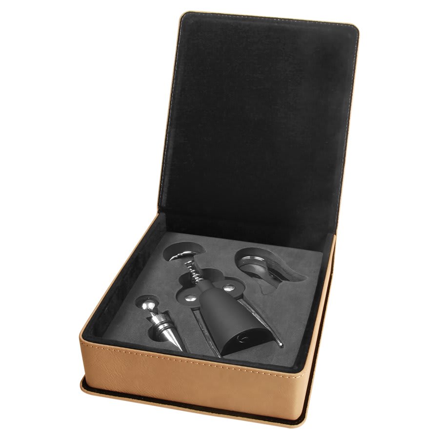 Light Brown Laserable Leatherette 3-Piece Wine Tool Gift Set