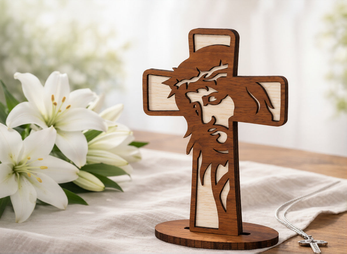 Handcrafted 3D Standing Christian Cross - Custom Layered Wood Jesus Portrait Decor