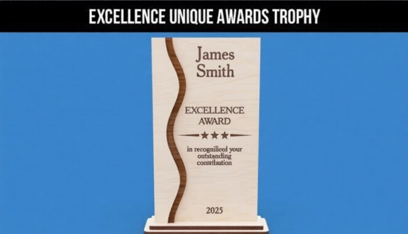 Personalized Wavy Inlay Excellence Trophy - Custom Modern Wood Recognition Award