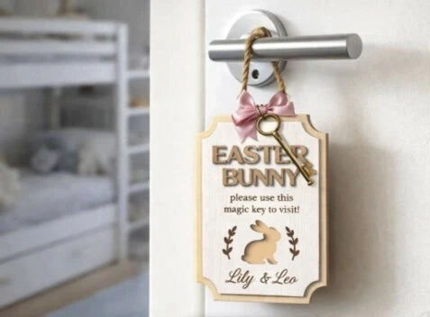 Personalized Easter Bunny Magic Key Door Hanger - Custom Wooden Holiday Tradition Decor