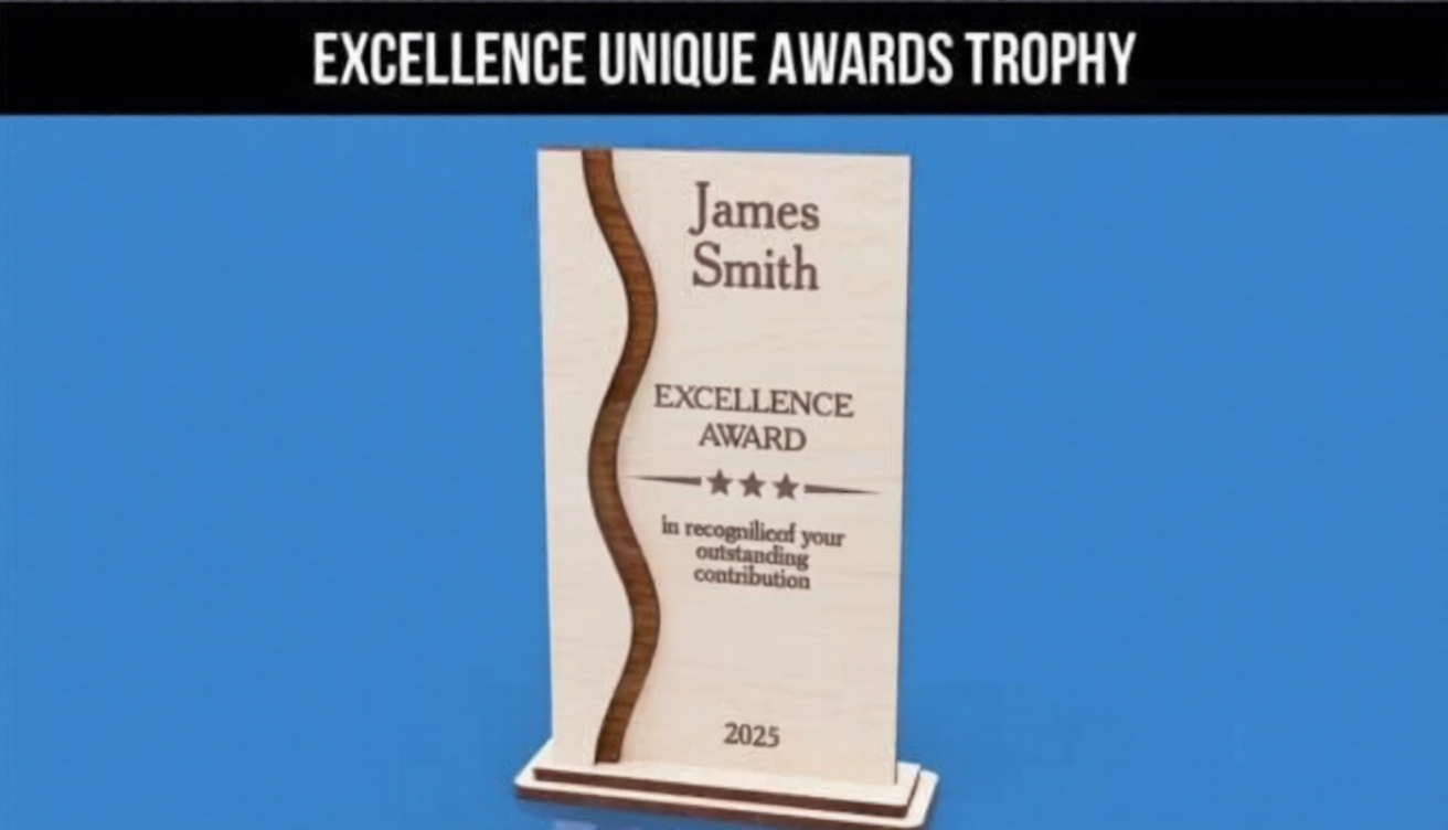 Personalized Wavy Inlay Excellence Trophy - Custom Modern Wood Recognition Award