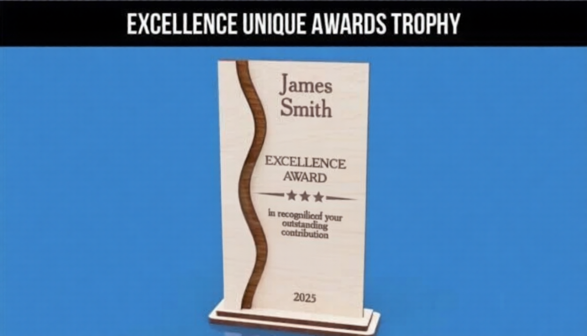 Personalized Wavy Inlay Excellence Trophy - Custom Modern Wood Recognition Award