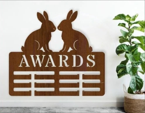 Personalized Rabbit Show Award Holder - Custom Wooden Medal & Ribbon Display Sign